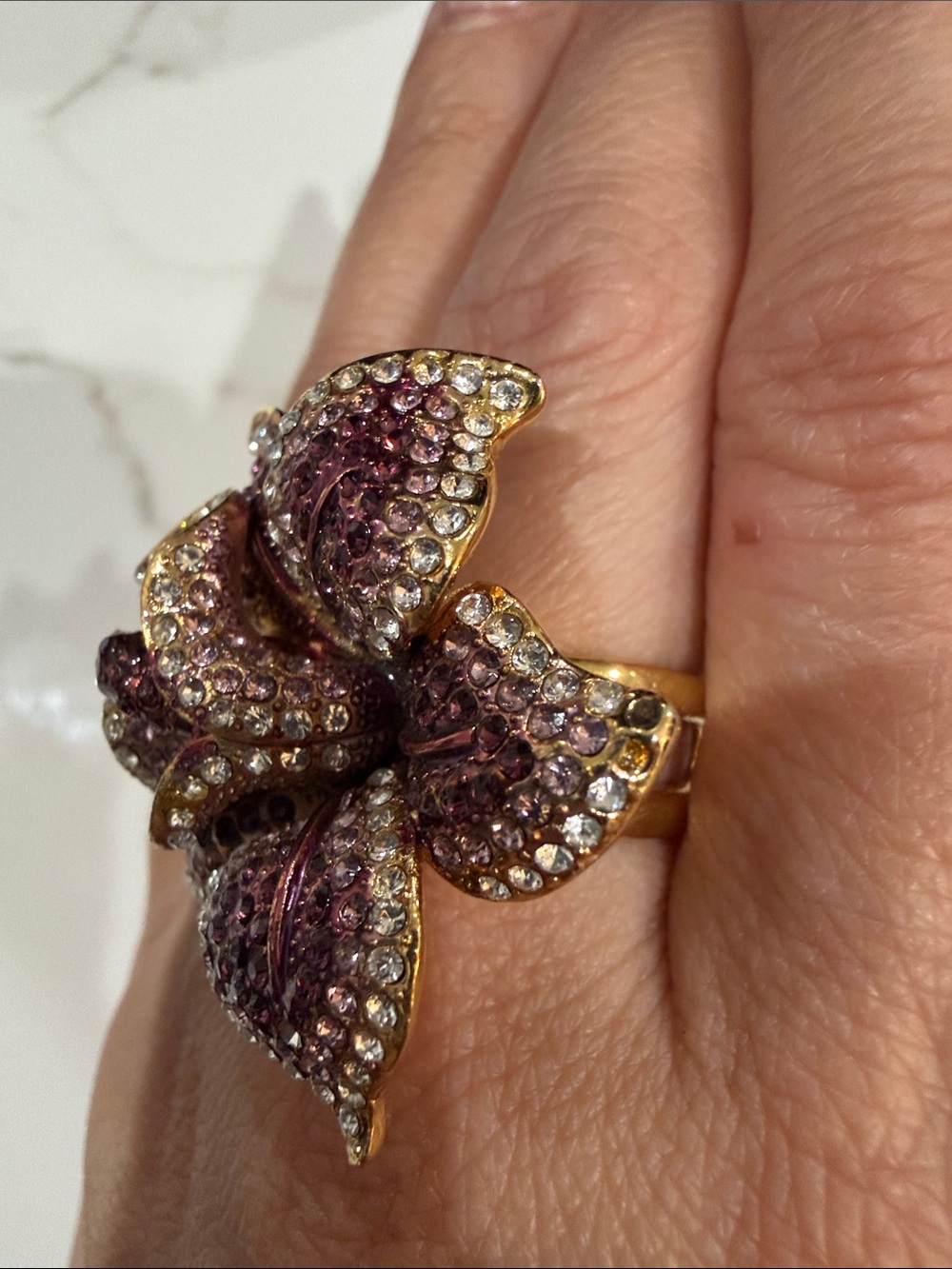 Gold Plated Pink Crystal Floral Cocktail Ring by